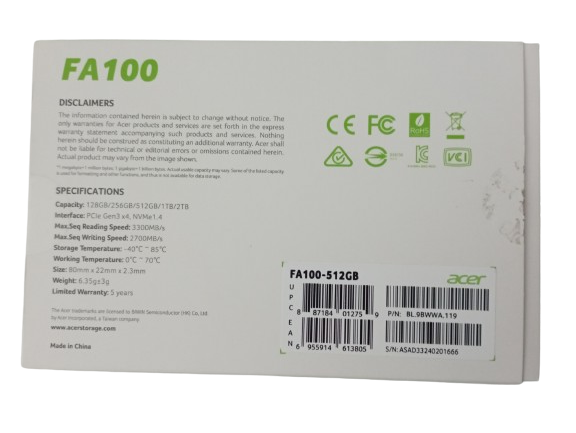 Unidad De Estado Solido SSD Acer FA100 NVMe 512GB PCI Express 3.0 M.2