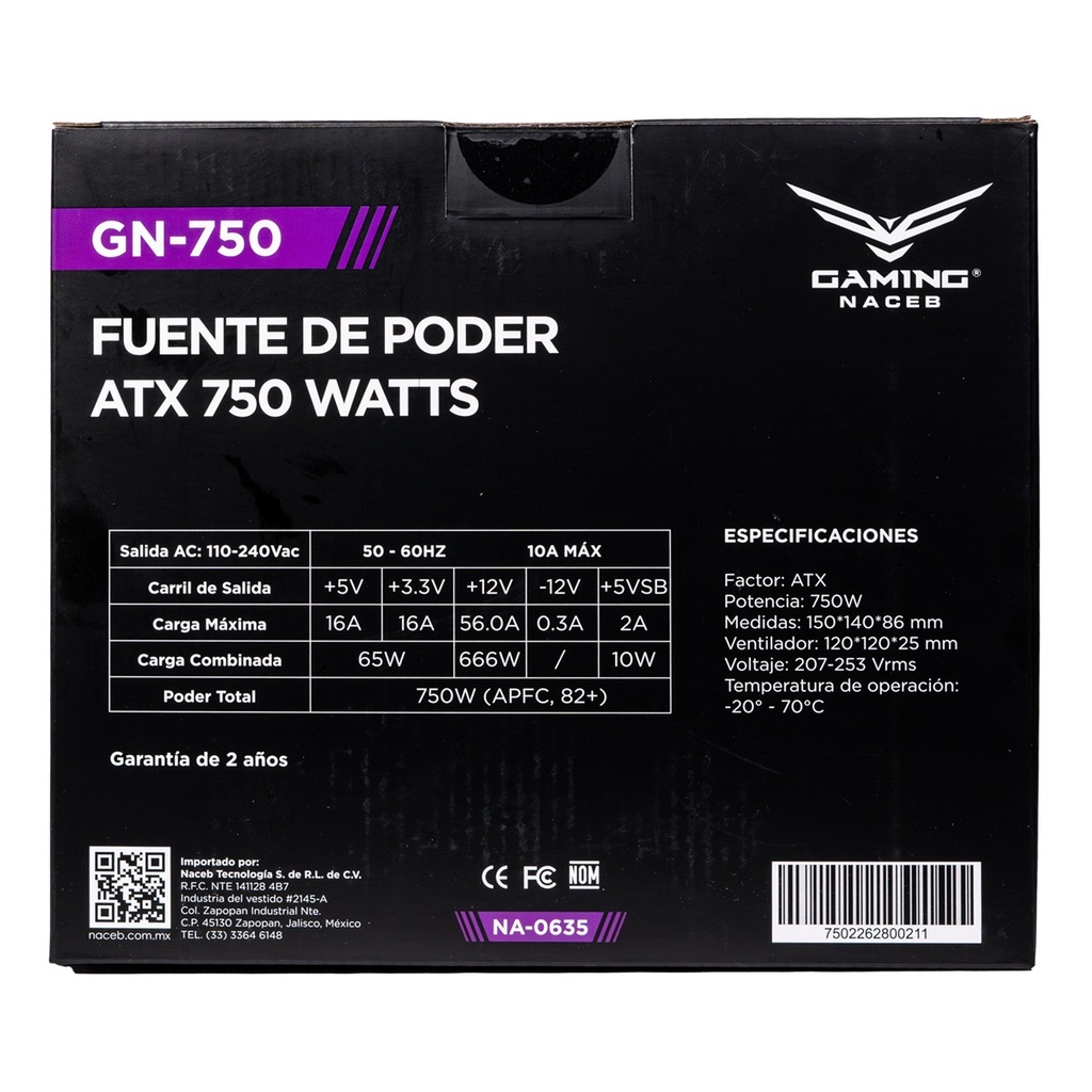 Fuente de Poder Naceb NA-0635 80 PLUS Bronze 24-pin ATX 120mm 750W
