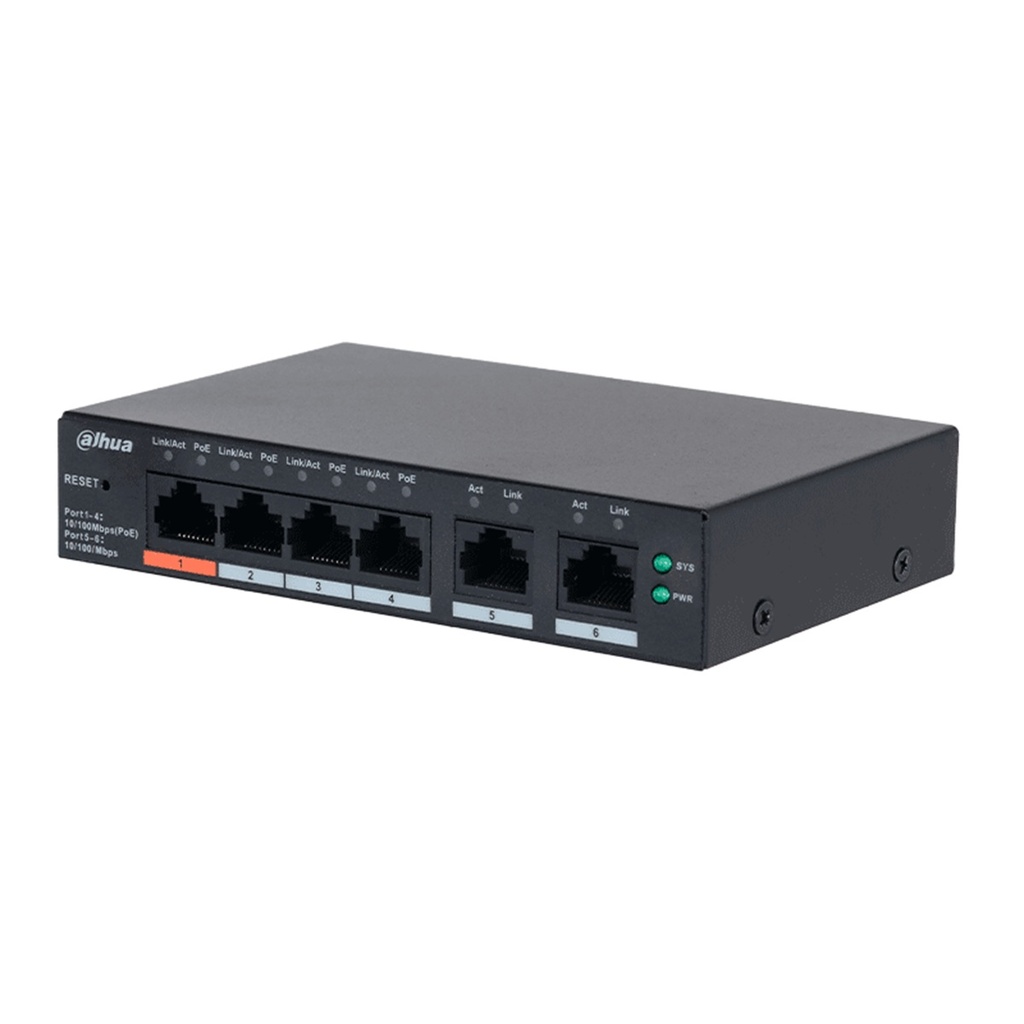 Switch Dahua DH-CS4006-4ET2ET-60 6 Puertos PoE 10/100 Mbps 2 Puertos Uplink