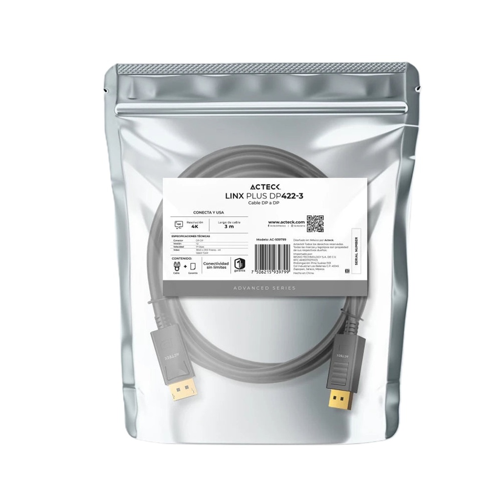 Cable DisplayPort 1.2 Acteck AC-939799 DisplayPort - DisplayPort  3840x2160 4K 3 Metros