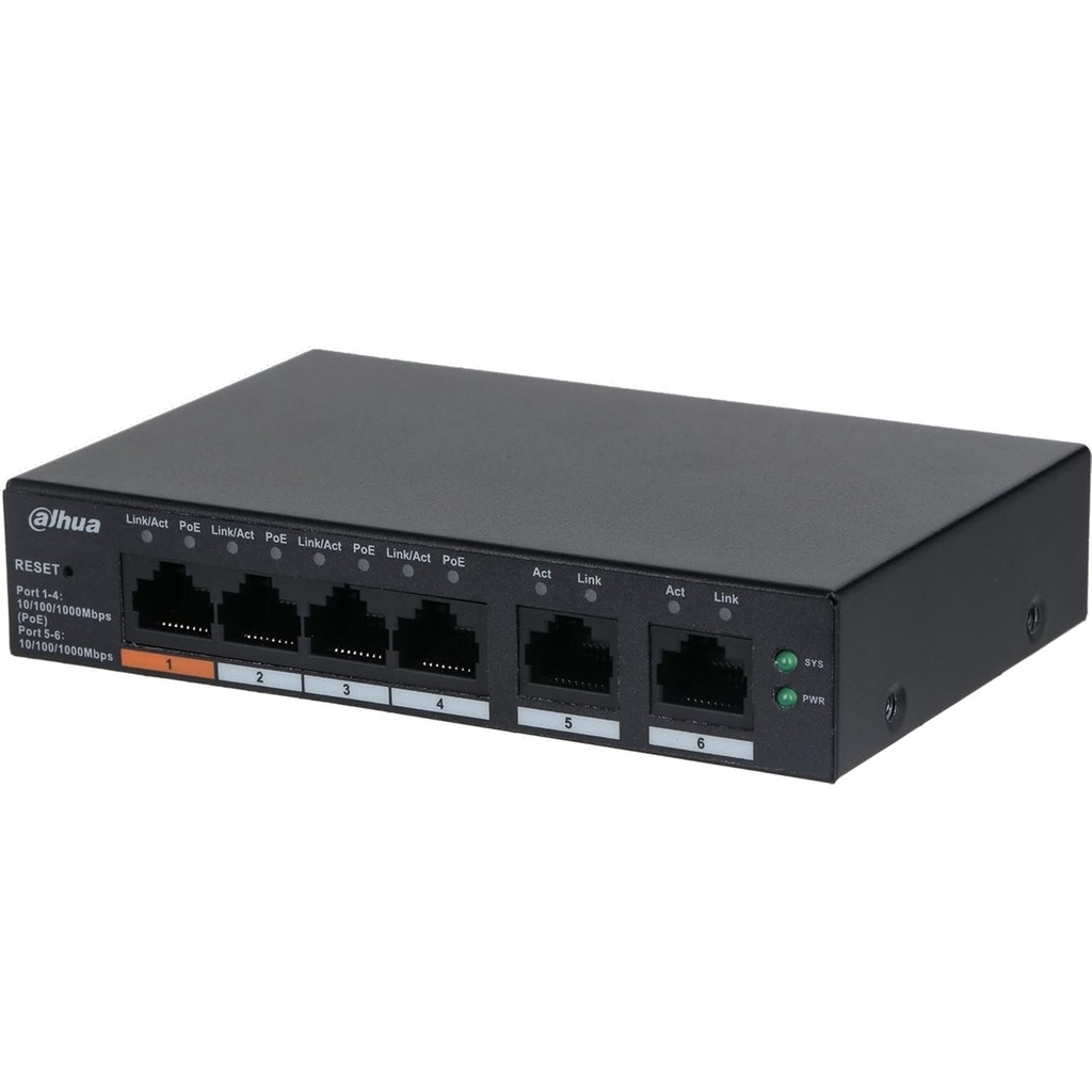 Switch Dahua Gigabit Ethernet CS4006-4GT-60 4 Puertos PoE 10/100/1000 + 2 Puertos Uplink 60W 12 Gbit/s 8000 Entradas Administrable