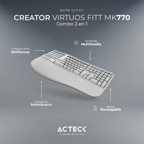 Kit de teclado y mouse acteck inalambrico mk770, ergonomico, 2.4 mhz, hasta 2400 dpi, blanco