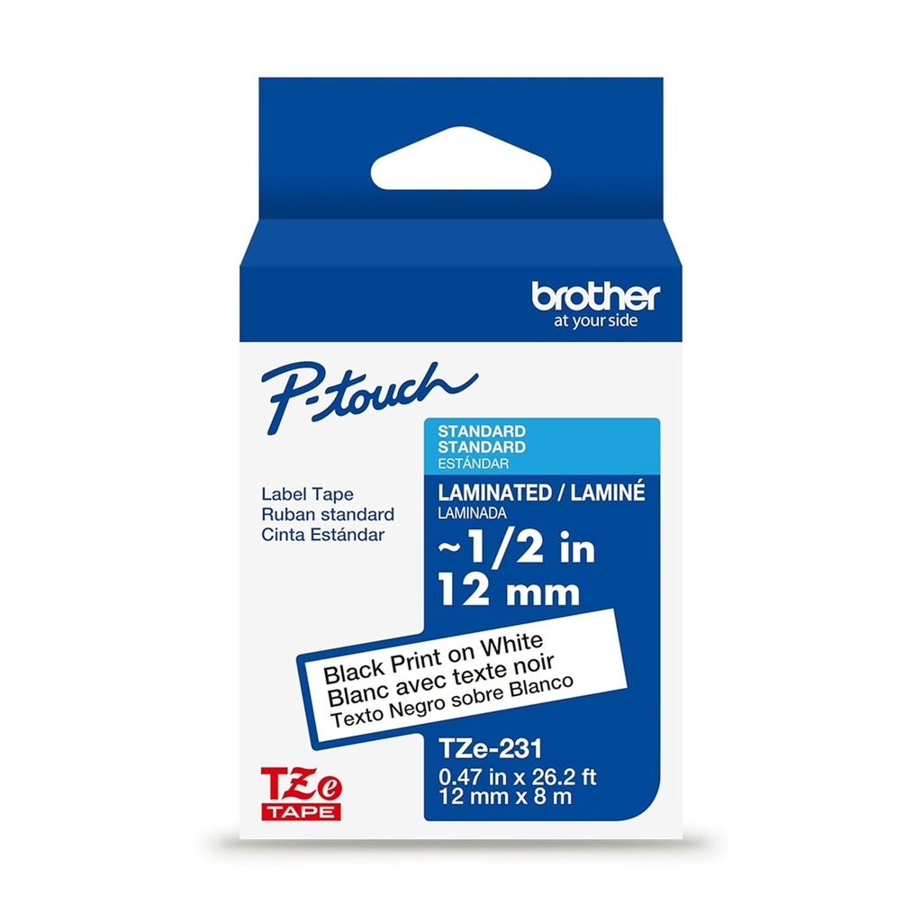 Cinta Laminada Brother Estandar Texto Negro Sobre Cinta Blanca 12mmx8m