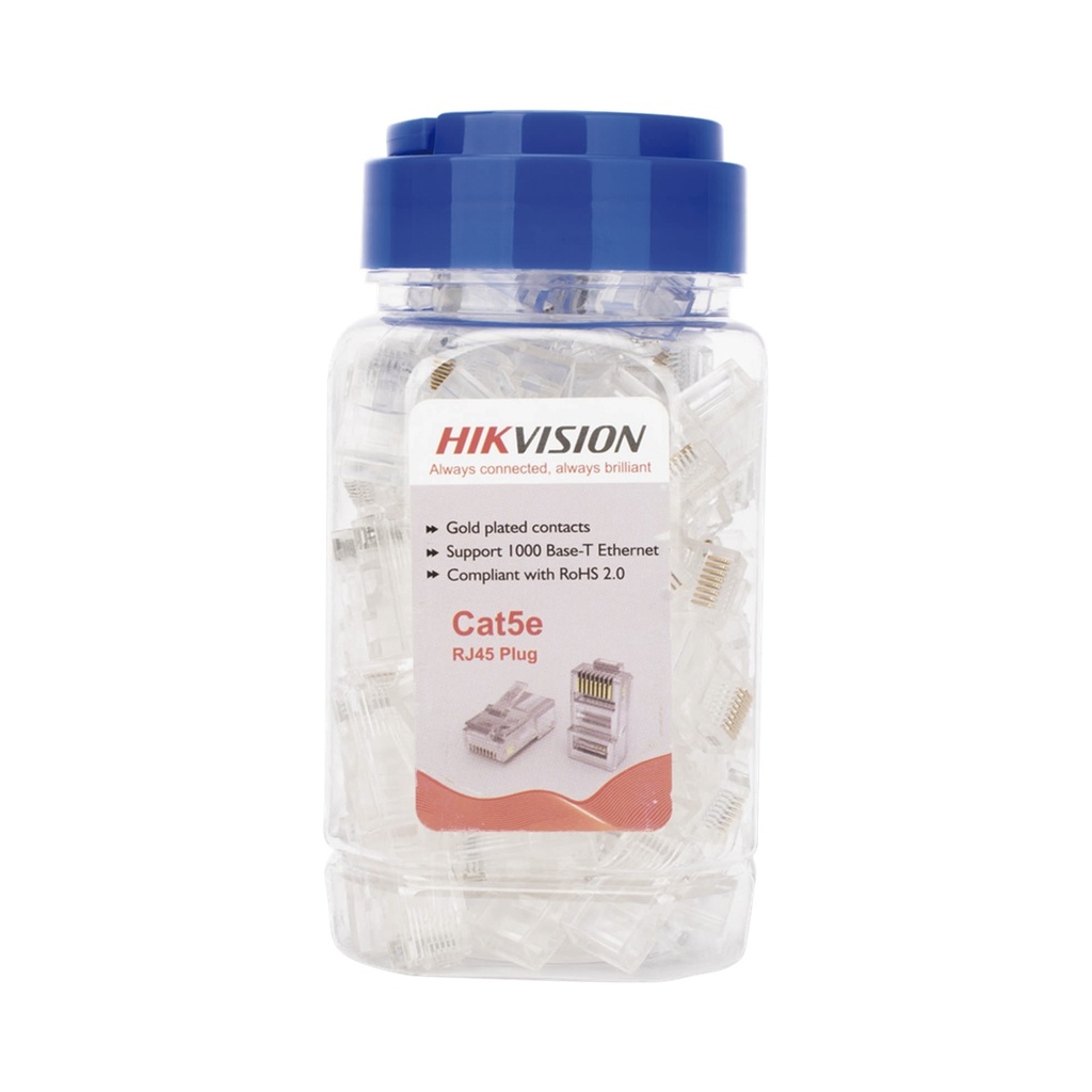 Plugs Modulares RJ-45 Hikvision Cat5e Bote con 100 Piezas Transparentes 
