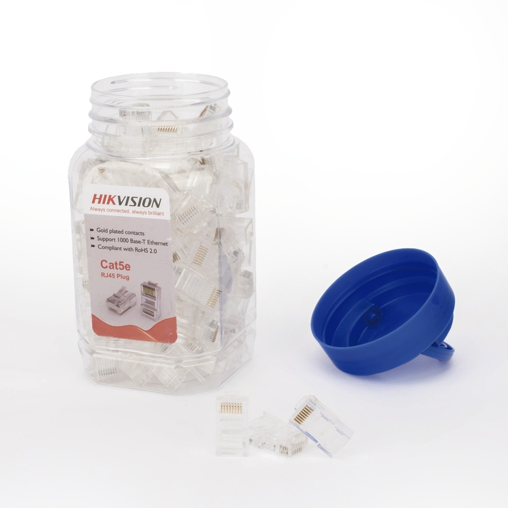 Plugs Modulares RJ-45 Hikvision Cat5e Bote con 100 Piezas Transparentes 