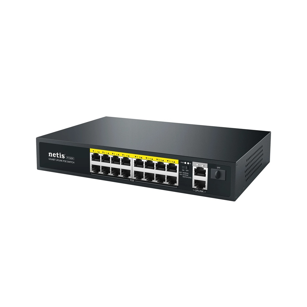 Switch Netis Fast Ethernet P116GH 16 Puertos PoE 10/100Mbps + 2 Puerto Uplink 200W 9.2 Gbit/s 8000 Entradas No Administrable 