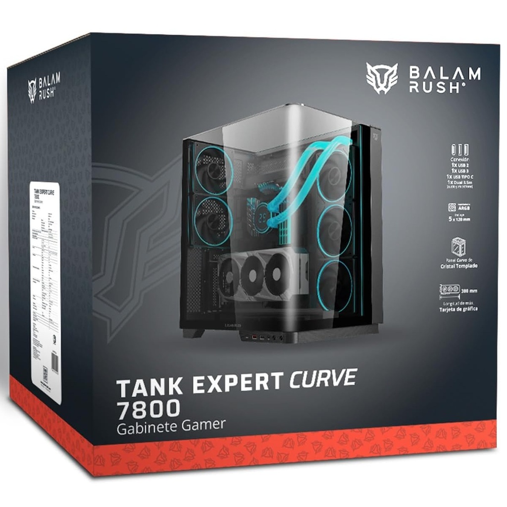 Gabinete Balam Rush Tank Expert Curve 7800 Midi-Tower ATX/Micro-ATX/ITX USB 2.0/3.0 sin Fuente 5 Ventiladores Instalados