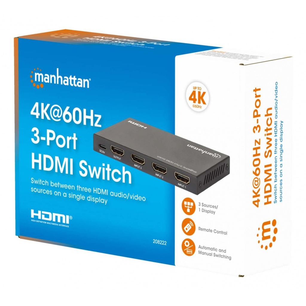 Divisor de Video HDMI Manhattan 208222 3x HDMI 3840x2160 4K 