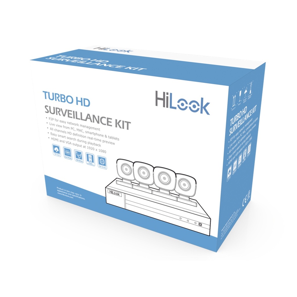 Kit de Videovigilancia Hilook HL24LQKITS-M(B) 1 DVR DVR-204G-K1(S) de 4 Canales 4 Cámaras Tipo Bullet THC-B120-MC 2MP Distancia IR de hasta 20m