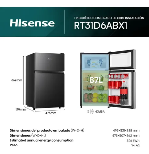 Frigobar hisense 3.1pies 2 puertas negro