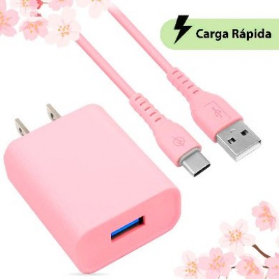 Combo brobotix cargador de pared + cable usb-a a usb-c, carga rapida, 18w, color rosa