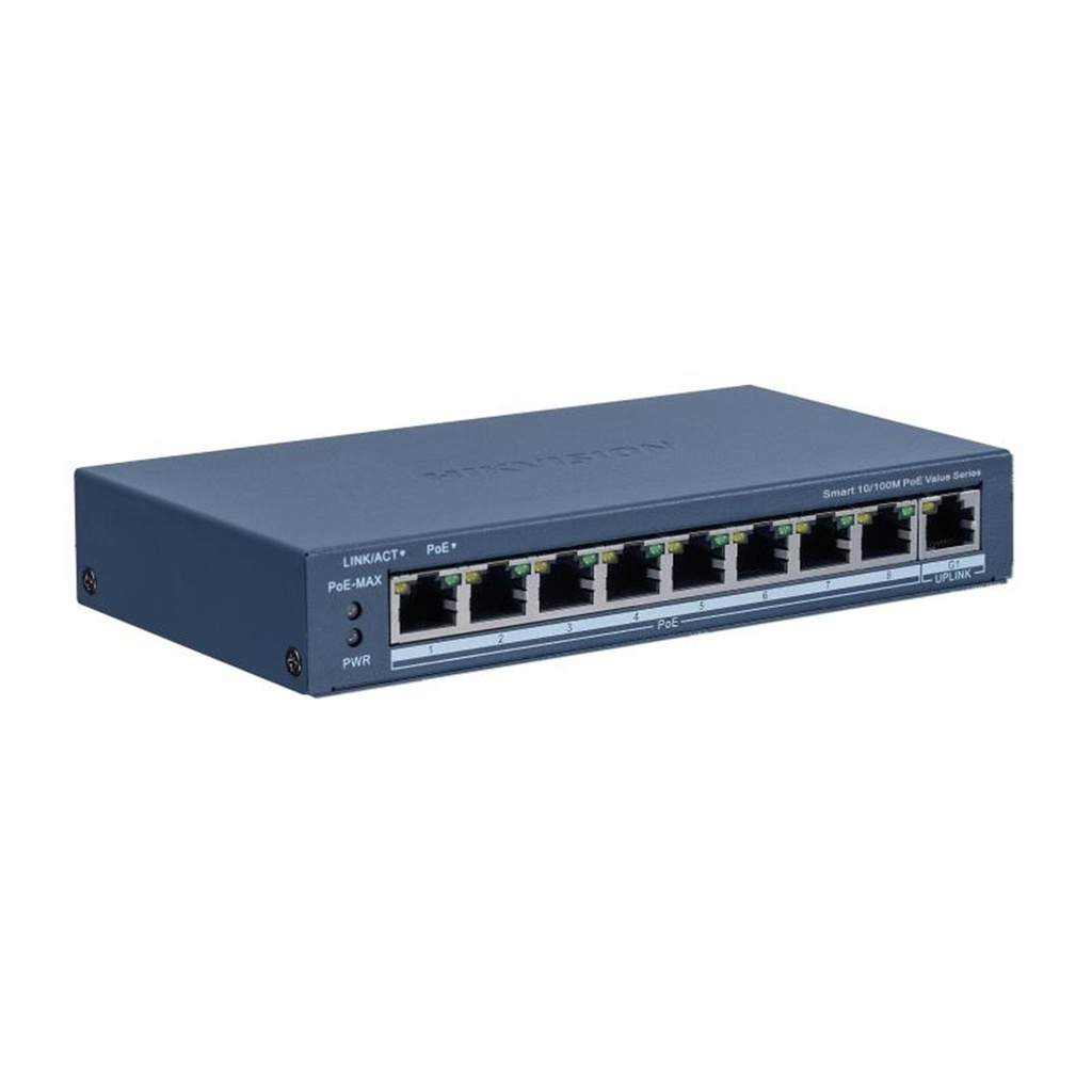 Switch Hikvision Fast Ethernet DS-3E1309P-EI/M 8 Puertos PoE 10/100 Mbps + 1 Puerto Uplink 30W 3.6 Gbit/s 8.000 Entradas Administrable