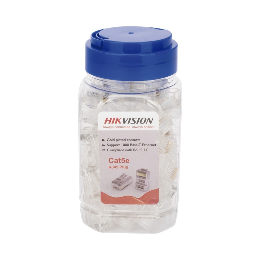 Plugs Modulares RJ-45 Hikvision Cat5e Bote con 100 Piezas Transparentes 