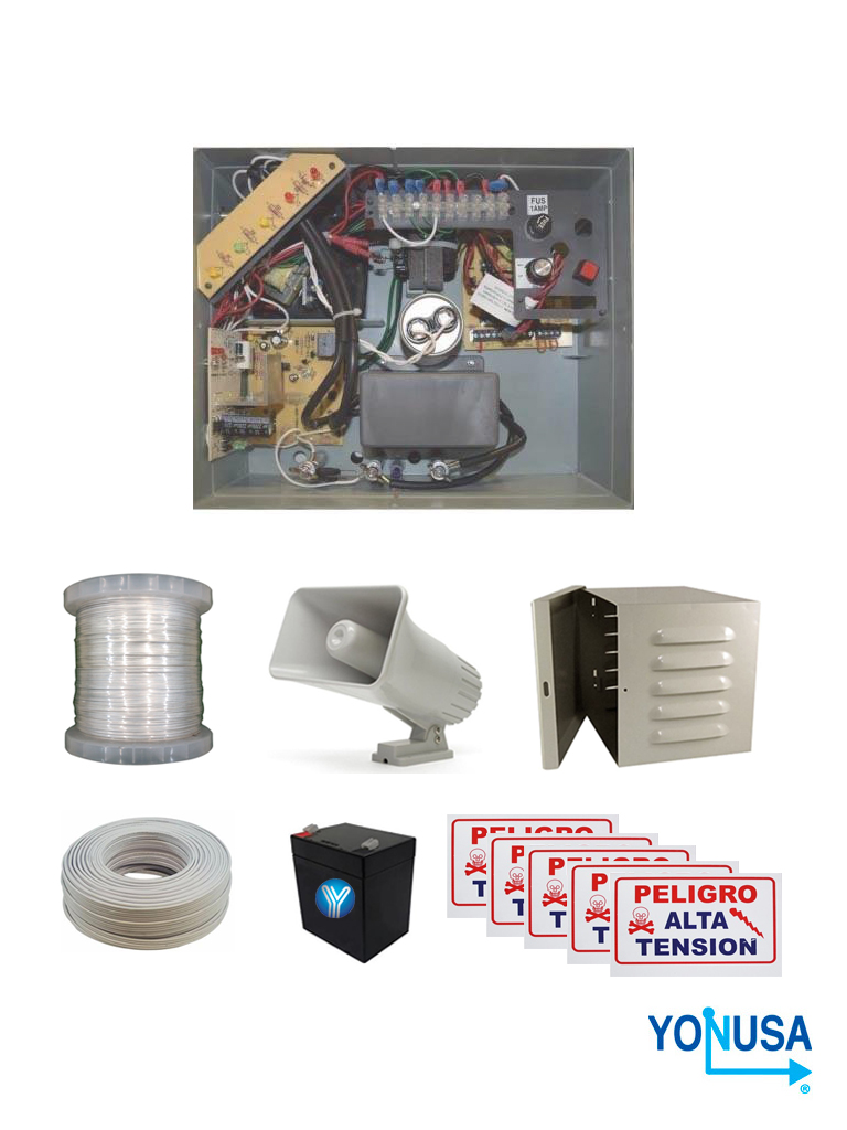 Paquete De Energizador De Alta Frecuencia Con Interface Yonusa PACK127AF Sirena Y Gabinete Metálico Bobina De Alambre 500 Mts Bobina Cable Bujía Batería Y 5 Letrero