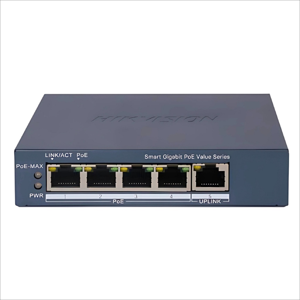 Switch gigabit poe+ / administrable / 4 puertos 10/100/1000 mbps poe+ / 1 puerto 10/100/1000 mbps uplink / configuración nube hik-partnerpro / modo extendido hasta 300 metros / 45 watts
