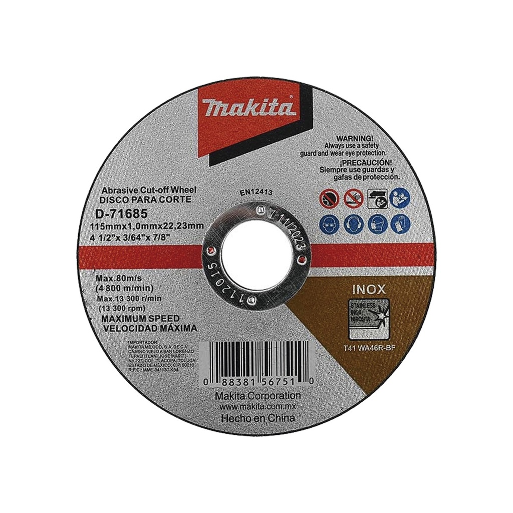 Disco Para Corte Makita D71685 4 - 1/2"/ Inox y Acero  