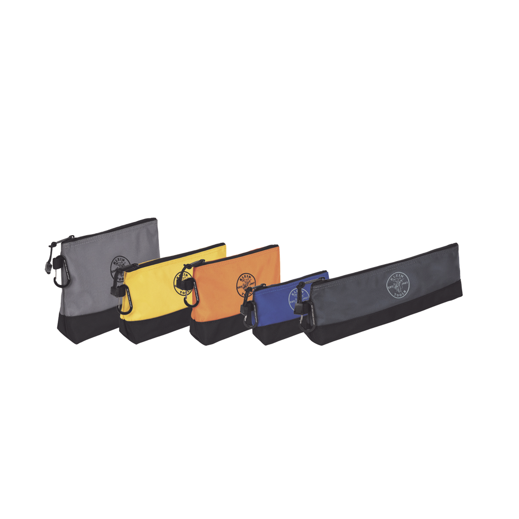 Kit 5 bolsos ultra resistentes para herramientas con base y cierre zipper, colores: gris claro, amarillo, naranja, azul, gris oscuro. todos con mosquetones de aluminio.