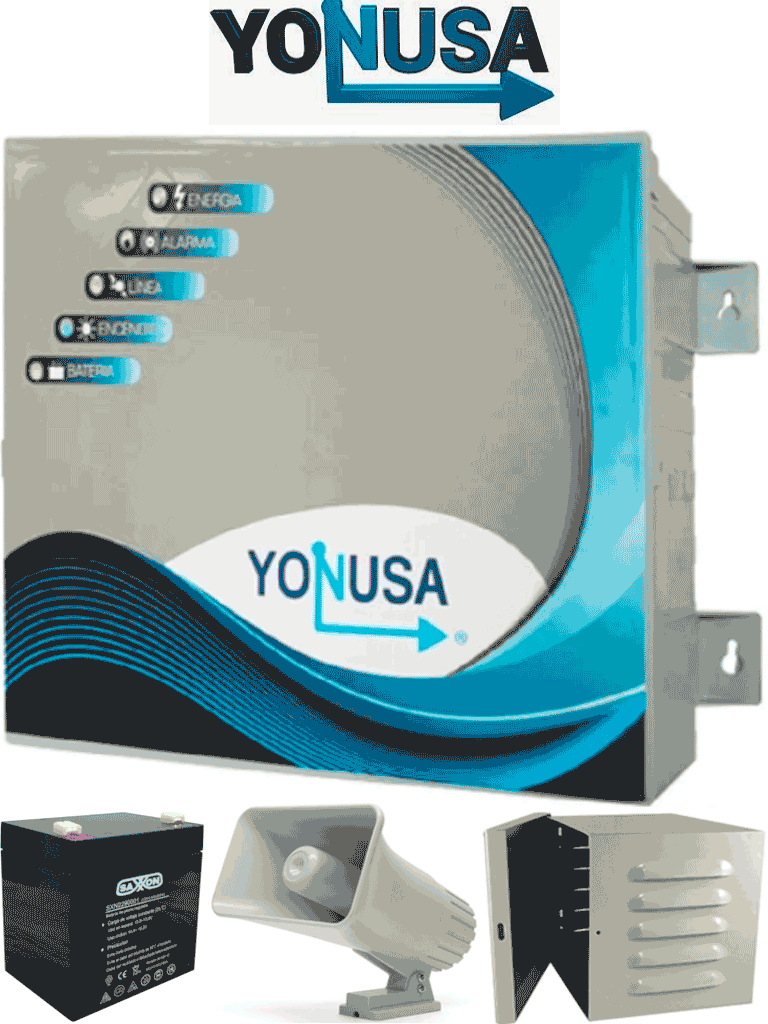 Paquete De Energizador Anti Plantas O Alta Frecuencia Yonusa De 10,000V Con Hasta 10,000 Mts lineales Incluye Batería De Respaldo De 12VDC A 4.5 AH Direna De 30W Y Gabinete Metálico