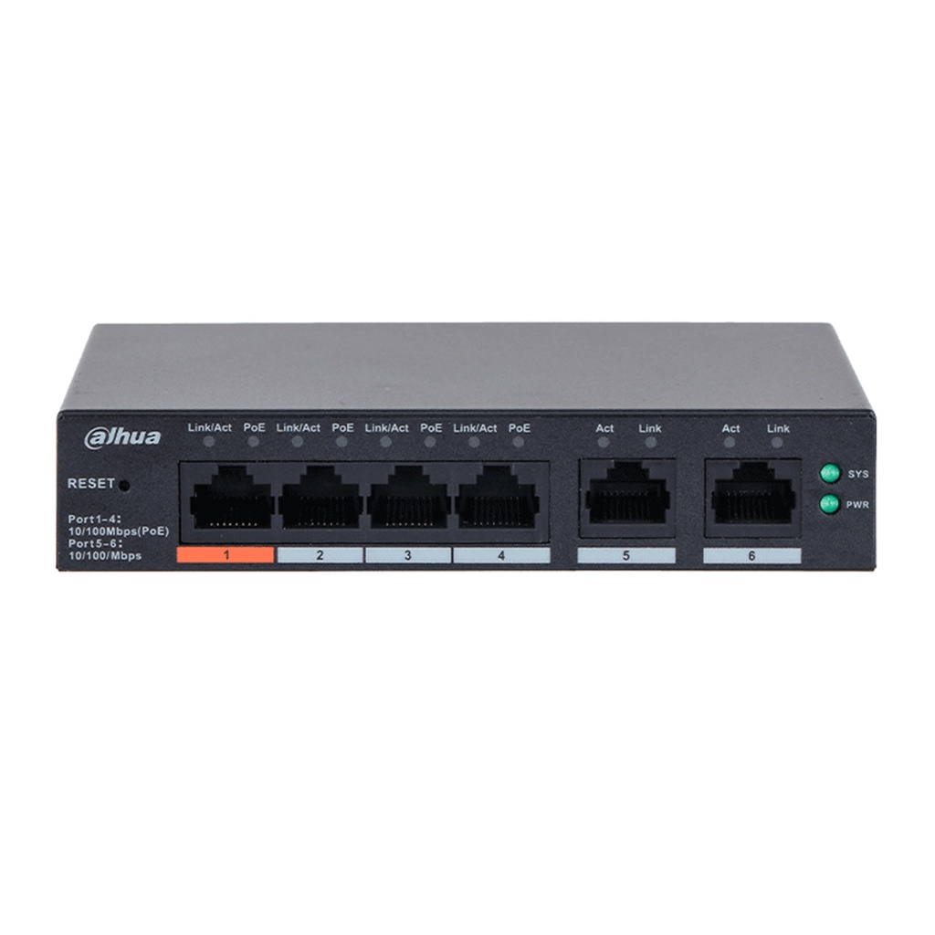 Switch Dahua DH-CS4006-4ET2ET-60 6 Puertos PoE 10/100 Mbps 2 Puertos Uplink