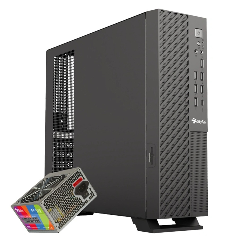 Gabinete Oficina Mince Slim ITX Stylos 4xUSB 2.0 2xUSB 3.0 1xTipo C Puerto 3.5mm Con Fuente de Poder 550W