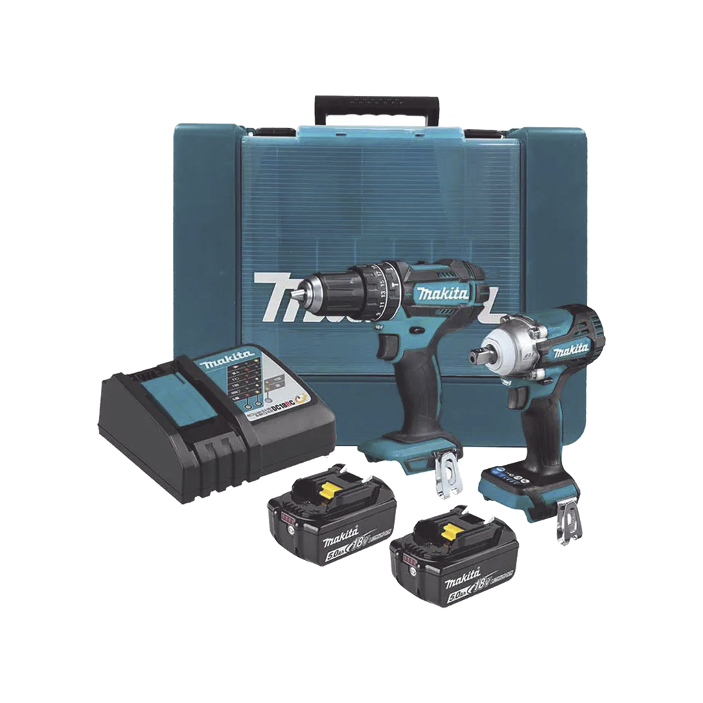 Kit de rotomartillo atornillador dhp482 + atornillador de impacto dtw301, incluye 2 baterías bl1850b, 1 cargador dc18sd y maletín plastico