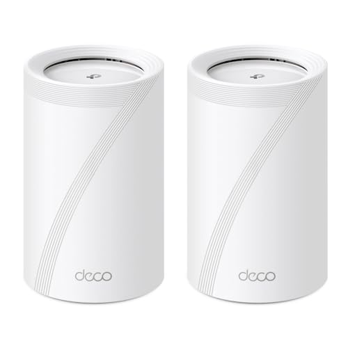 Kit 2 routers inalámbrico mesh interior para hogar / triple banda wi-fi 7 be9300 mbps / 2 puerto 2.5 gigabit wan/lan / 4 antenas internas / operación multi-link mlo / administración mediante la app deco (ios, android) / homeshield