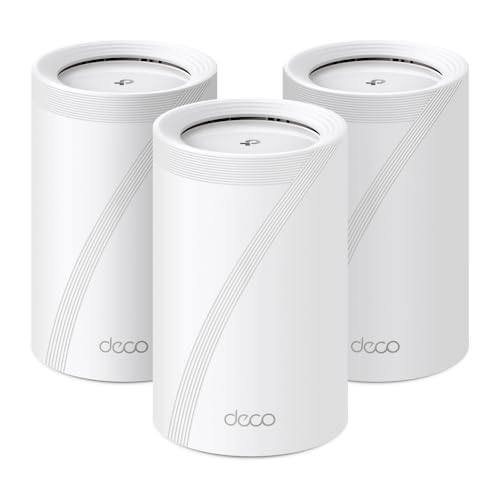 Kit 3 routers inalámbrico mesh interior para hogar / triple banda wi-fi 7 be9300 mbps / 2 puerto 2.5 gigabit wan/lan / 4 antenas internas / operación multi-link mlo / administración mediante la app deco (ios, android) / homeshield