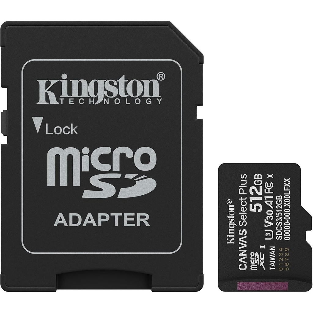 Memoria Flash Kingston Canvas Select Plus Gen 3 512GB MicroSDXC UHS-I Clase 10 Con Adaptador