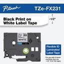 Cinta brother tzefx231 laminada flexible texto negro fondo blanco 12mmx8m