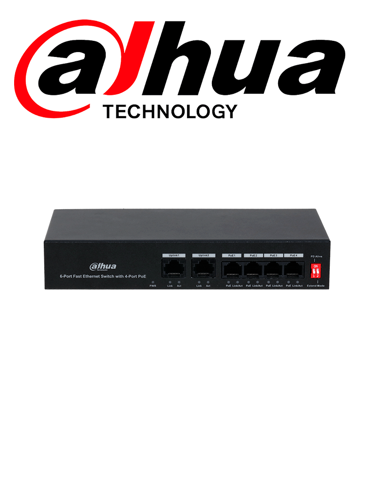 Dahua dh-pfs3006-4et-36 - switch poe de 6 puertos fast ethernet/4 puertos poe 10/100/ 2 puertos uplink 10/100/ 36 watts totales/
