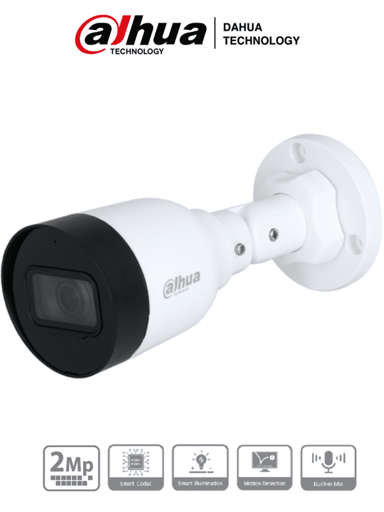 Camara ip dahua ipc-hfw1230s1-a-s6 ip bullet de 2mp, lente de 2.8mm, ángulo de visión de 102 grados, micrófono integrado, compresión h.265+, ir de 30m, protección ip67, poe, dwdr