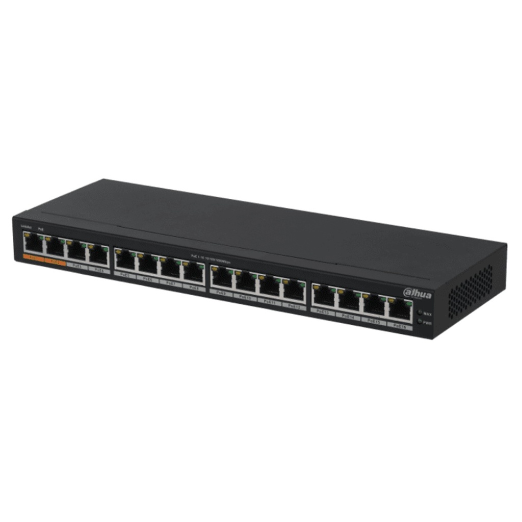 Switch Dahua Gigabit Ethernet PFS3016-16GT-190 16 Puertos PoE 10/100/1000 Mbps 32Gbit/s 8000 Entradas No Administrable