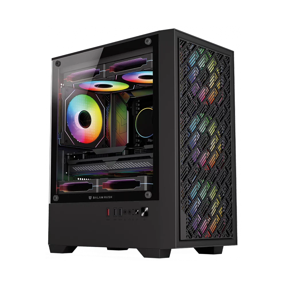 Gabinete balam rush gamer compact mini torre nitrox edge aircool 4700a / max mb m-atx sin fuente / 1x usb a 3.0 + 2x usb a 2.0 + 4xfan 120mm argb 4 pin / panel izq cristal + frente mesh / negro