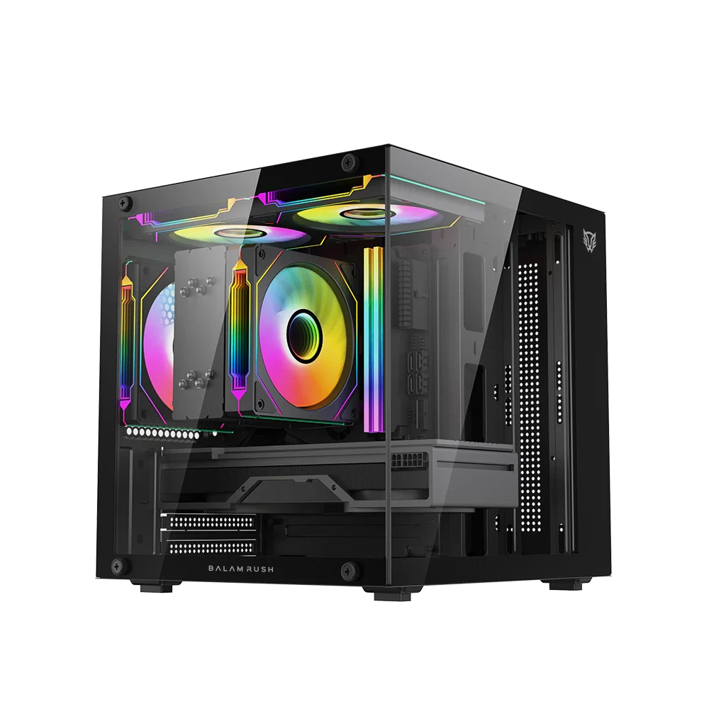 Gabinete balam rush gamer compact mini torre tank glow mini 3500 / max mb m-atx sin fuente / 1x usb a 3.0 + 2x usb a 2.0 + 3xfan 120mm argb 4 pin / panel izq cristal + frente cristal / negro