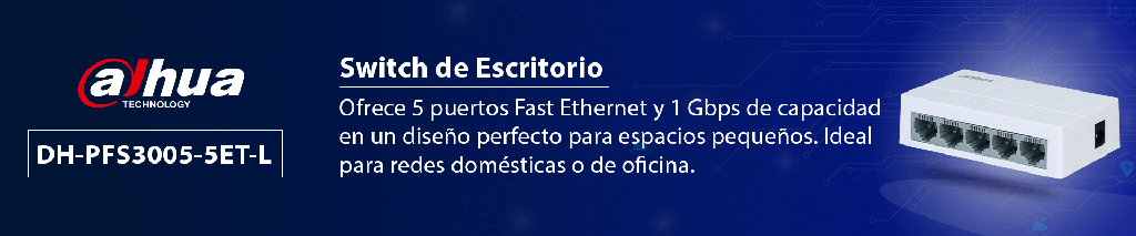Dahua dh-pfs3005-5et-l - switch para escritorio 5 puertos/ fast ethernet 10/100/ diseño compacto/ capa 2/ switching 1 gbps/ velocidad de reenvio de paquetes 0.744 mbps/