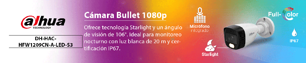 Dahua hac-hfw1209cn-a-led-s3 - cámara bullet full color 1080p/ llente de 2.8 mm/ 107.8° de apertura/ micrófono integrado/ 30 metros de luz visible/ dwdr/ starlight/ ip67/ compatible con cvi/ahd/cvbs/ #lonuevo #mci1q125 #m1