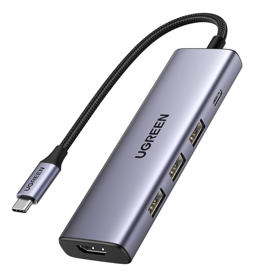 Hub usb-c (docking station) 5 en 1 | hdmi 2.0 4k@30hz | 3 usb-a 3.0 (5gbps) | usb-c pd carga 100w | potente disipación de calor | chip de ultima generación | cable de nylon trenzado de 25 cm | carcasa de aluminio.