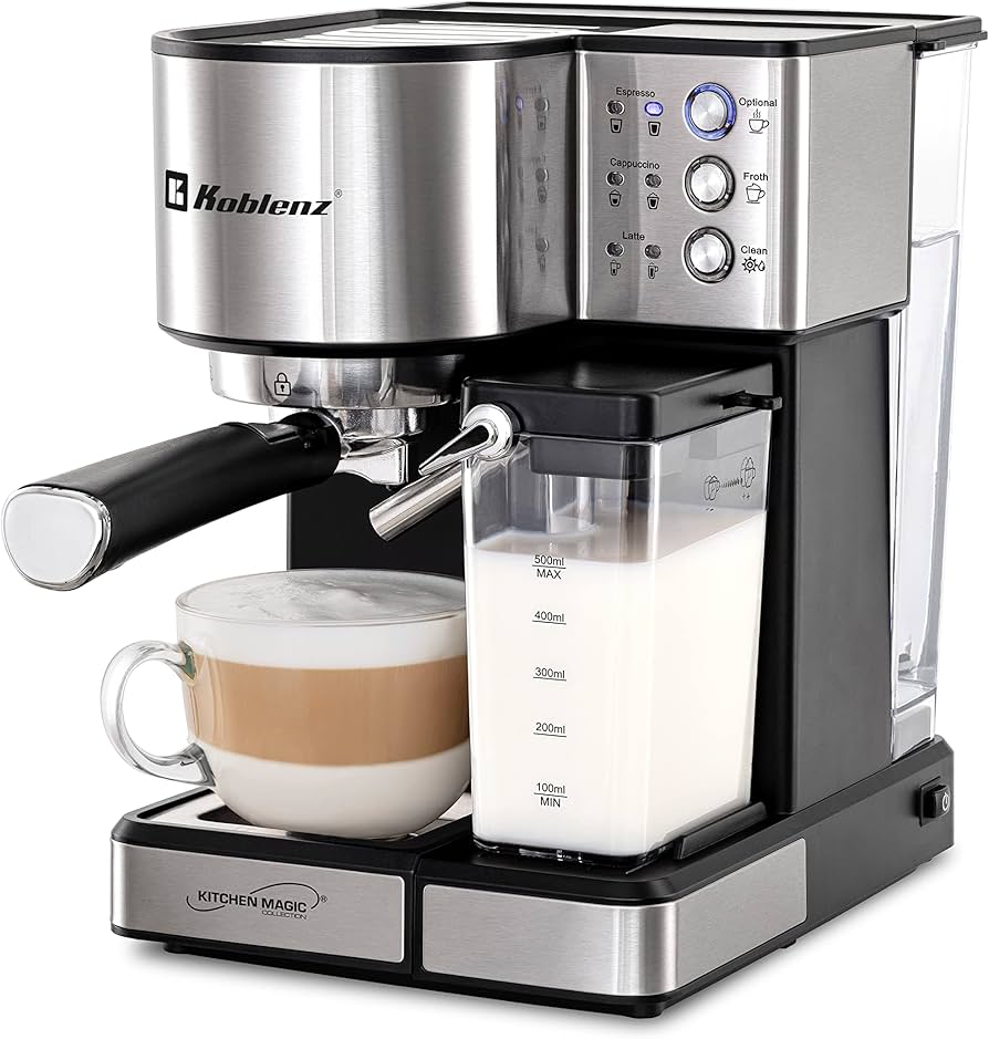 Cafetera koblenz ckm-1350 en color negro con acero inoxidable prepara café espresso capiccino y late 1350 watts