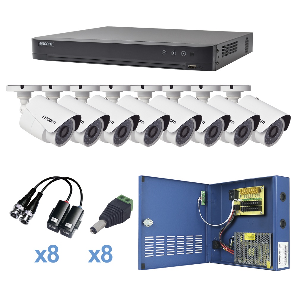 Kit turbohd 1080p / dvr 8 canales / 8 cámaras bala (exterior 2.8 mm) / transceptores / conectores / fuente de poder profesional 