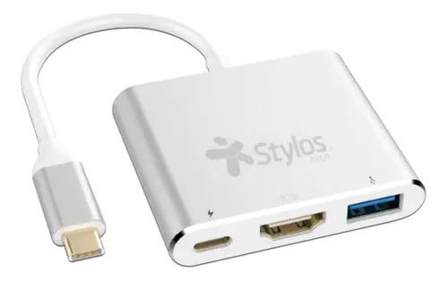 Hub 3 en 1 stylos usb c a hdmi + usb 3.0 + usb c con caja gris