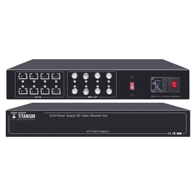 150 metros en 4k,  200 metros en 5 mp,  video+poder / 8 canales / todo incluido para rack /  para transmisión de alimentación ( 