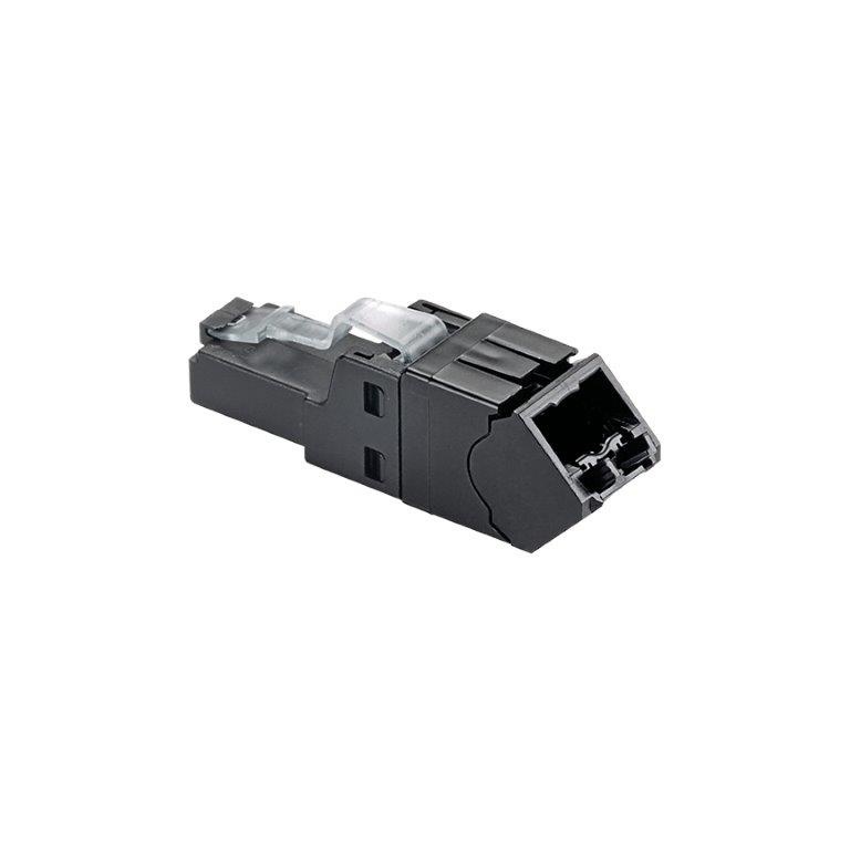 Plug rj45 utp, instalación angulada 45 grados, terminación en campo certificable, compatible con cat5e, cat6 y cat6a, color negr