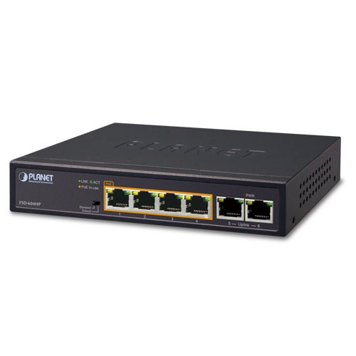 Switch no administrable planet fsd-604hp / 6 puertos rj45 fast ethernet 10/100 mbps / 4 puertos con poe 802.3af/at (puertos 1 – 