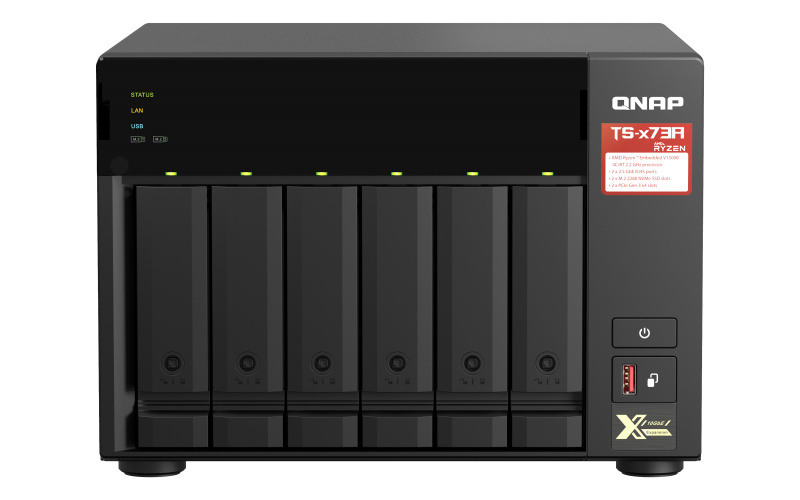 Qnap desktop 6-bay nas/iscsi ip-san, amd ryzen v1000 series v1500b 4c/8t 2.2 ghz, 8gb ram, two 2.5gbe, 10g-ready