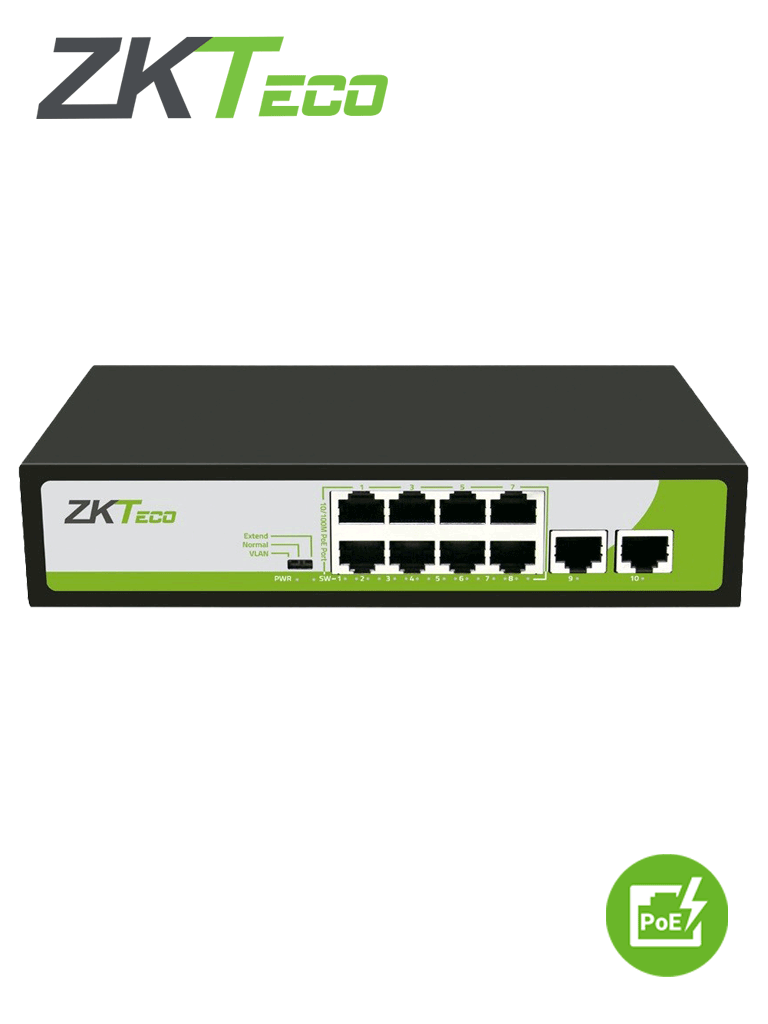 Switch zkteco pe082-120-c 8 puertos rj45 10/100 mbps con poe af/at + 2 puerto rj45 100 mbps no administrable energia total 150w 