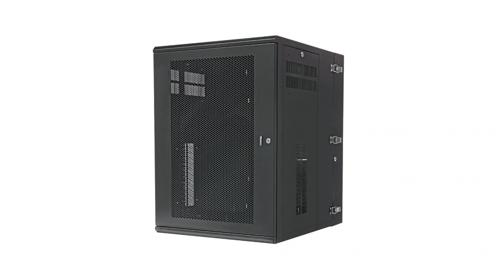 Gabinete panzone de montaje en pared, de 19in, puerta ventilada, 18 ur, 762mm de profundidad, color negro