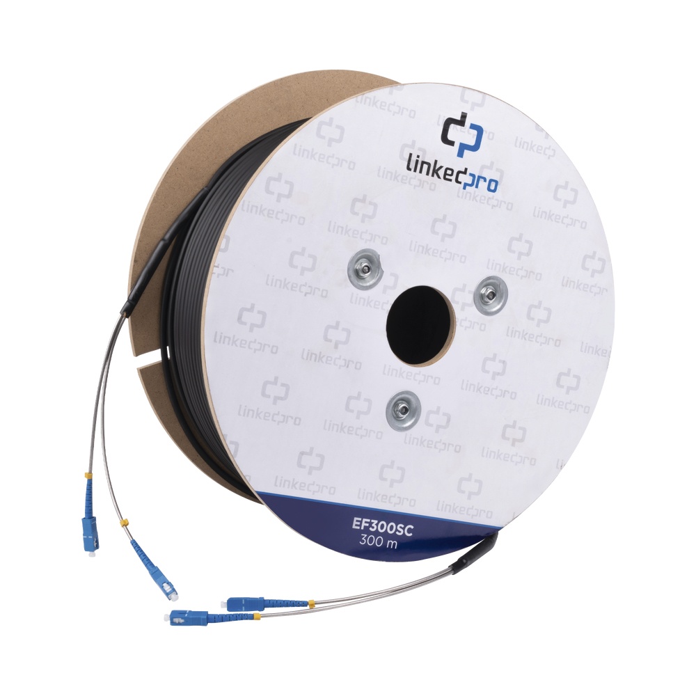 Carrete de fibra óptica monomodo con conectores sc-sc duplex, reforzada con kevlar, de 300 metros