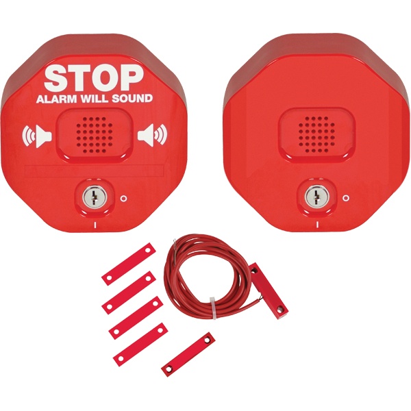 Anunciador audible para salida de emergencia de doble hoja con sirena remota, color rojo y texto en inglés