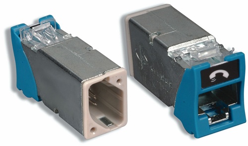 Jack z-max cat6a, blindado, montaje híbrido en placa de pared (plano y angulado), color azul