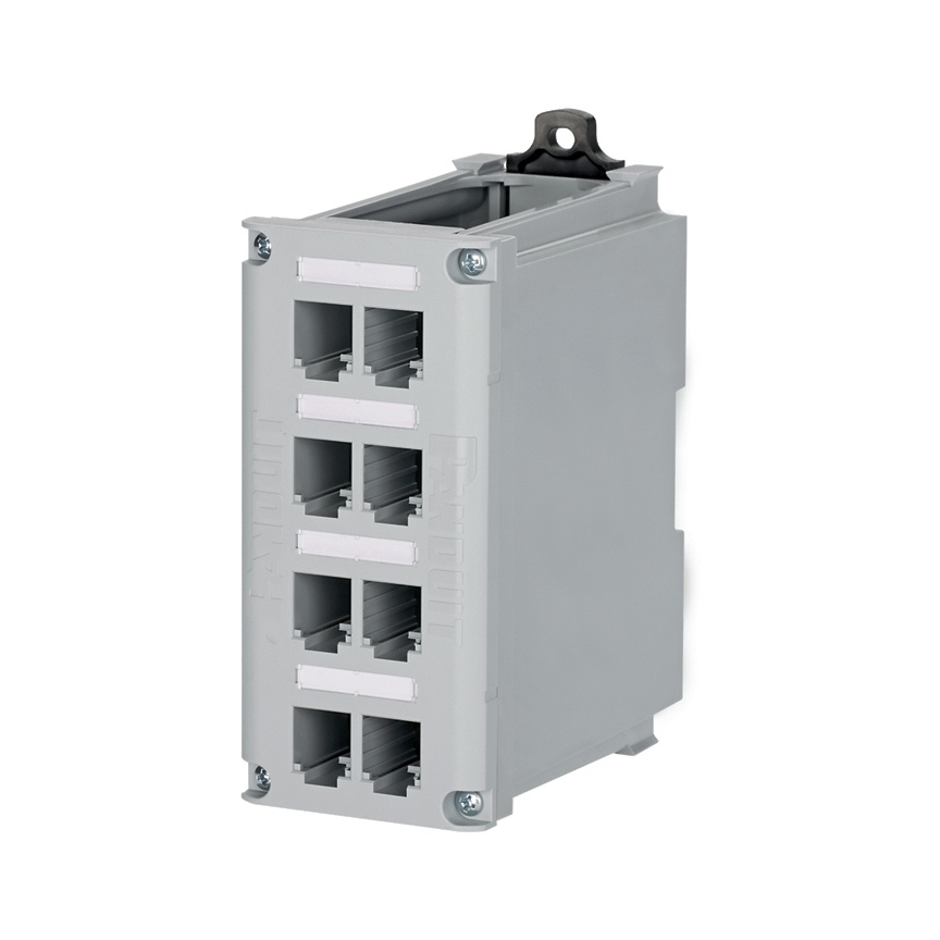 Panel de parcheo modular para cobre, de instalación en riel din estándar de 35mm, 8 puertos mini-com, color gris